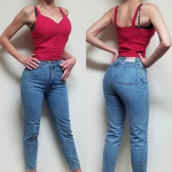 VINTAGE 1980s Bongo Light Stone Wash High Waisted Slim Tapered Skinny Leg Jeans - Picture 1 of 16
